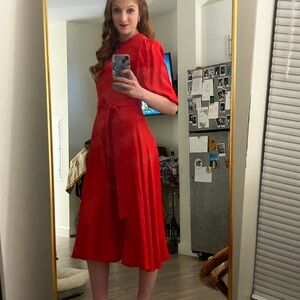 kate spade Red Midi Dress with Tie Waist and Puff Sleeves